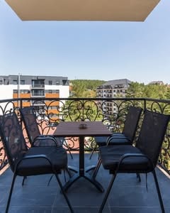 Terasa apartmana Boréa sa stolom i stolicama i pogledom na zelenilo Zlatibora