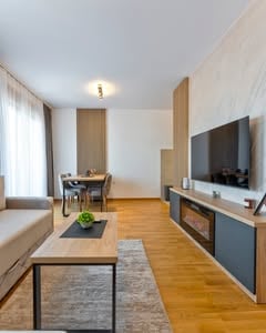Dnevni boravak apartmana Boréa sa sofom, kaminom, televizorom i trpezarijom