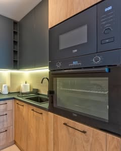 Moderna kuhinja apartmana Boréa sa rernom, mikrotalasnom i drvenim elementima